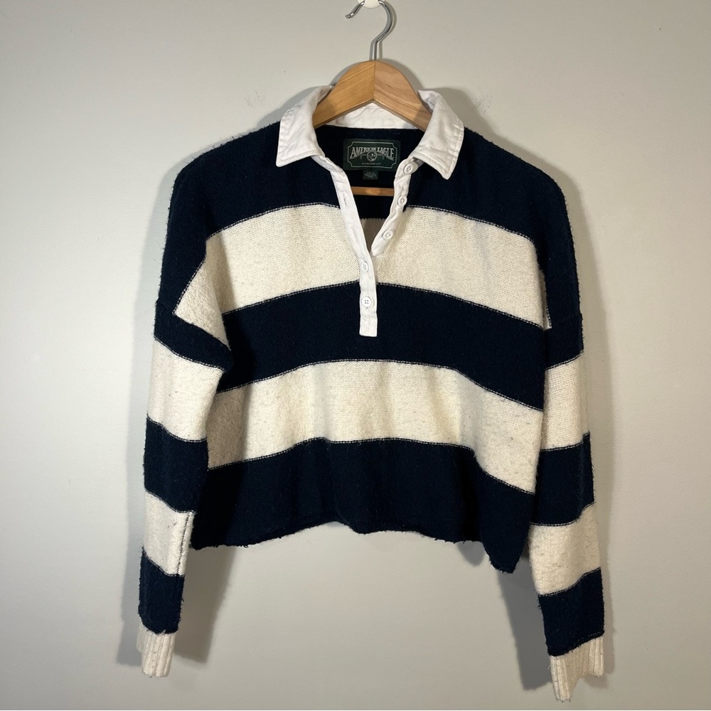 American Eagle Blue White Striped Knit Polo Rugby Y2K Cropped Sweater Small